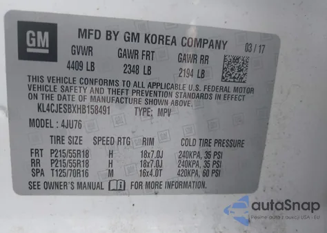 2017 Buick Encore Preferred from USA, damaged, VIN KL4CJESBXHB158491